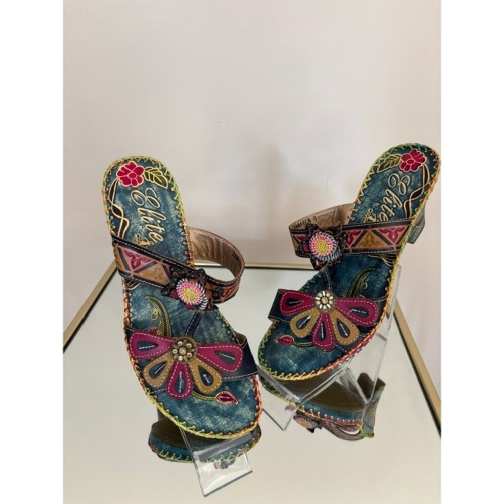 Elite by Corkys Jamaica Blue Floral Leather Wedge Sandals Womens 8 Boho Slide